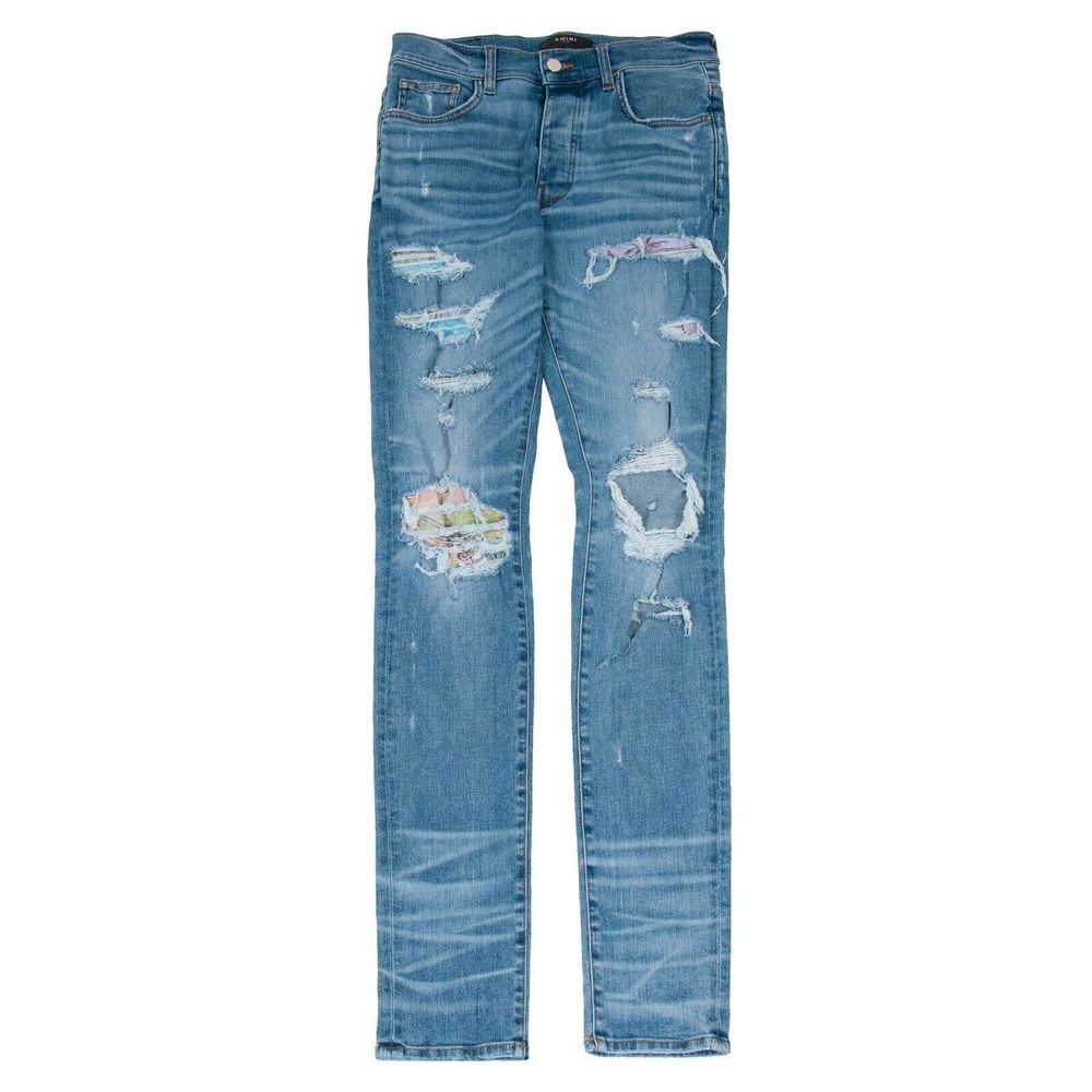 Amiri DISTRESSED DENIM HAWAIIAN PATCHWORK ROSEBOWL MX1 SKINNY size 29